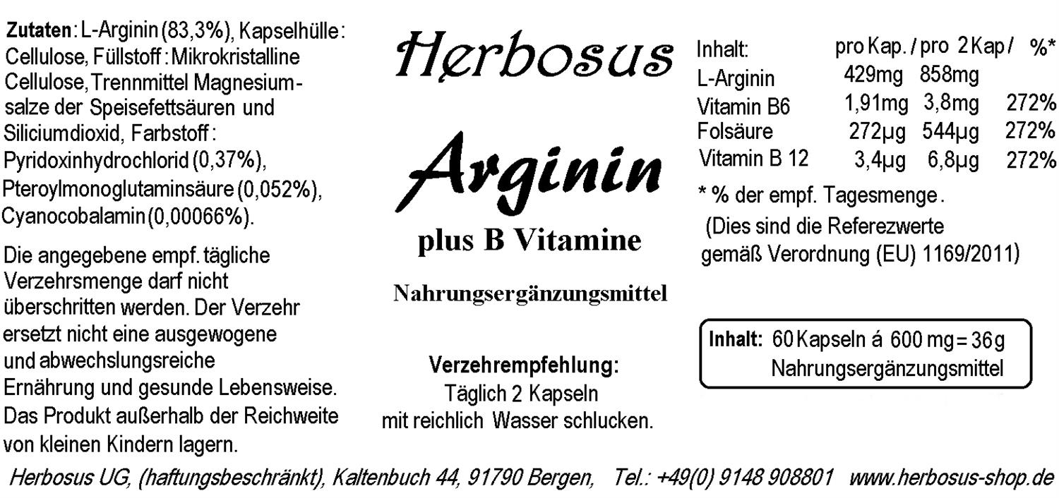 Arginin plus B Vitamine 60 Kapseln von Herbosus